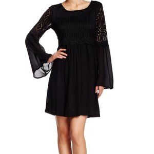 Max Studio Black Crocheted Popover Short Casual Dress Flowy Long Sleeves XS